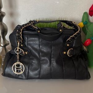 bebe Black Satchel with Gold Chain Accents